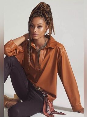 Anthropologie Faux Leather Shirt in Cedar Brown Women’s Size Small